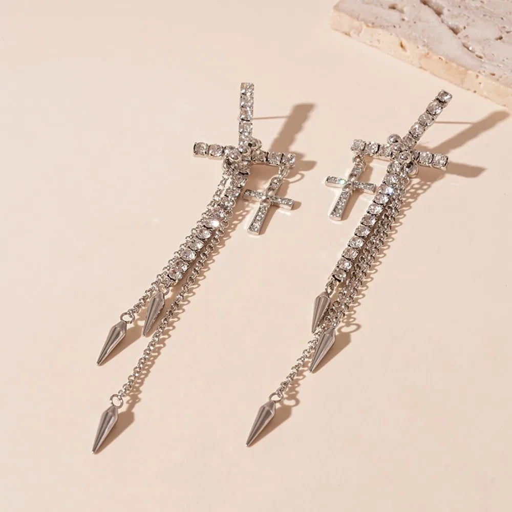 Inlaid Rhinestones Cross Earrings Exquisite Fashion Long Tassels Dangle Earrings Exaggerate Temperament Ear Stud Bridal