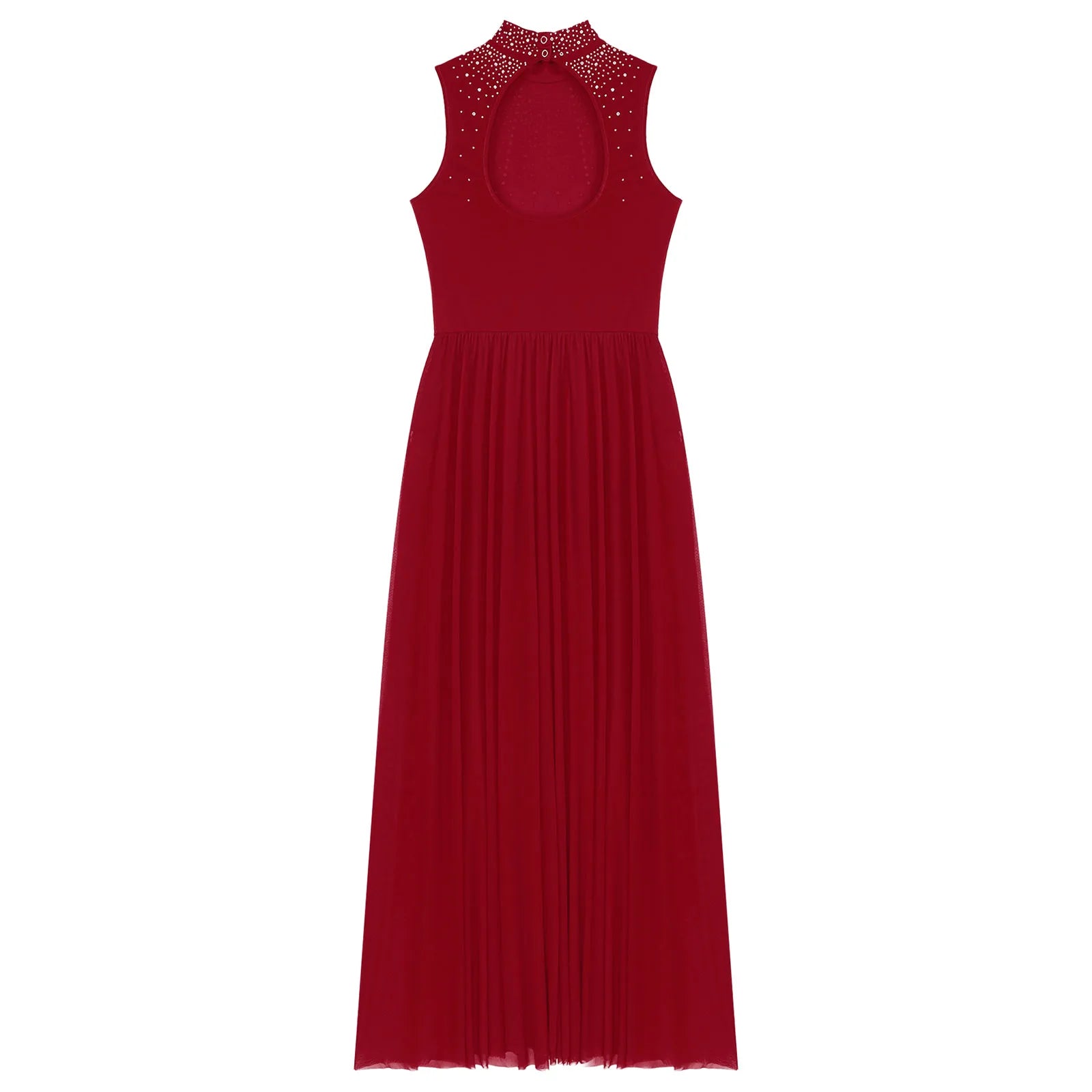 Womens Lyrical Dance Dresses Mock Neck Wide Hemline Shiny Rhinestones Maxi Dress Sleeveless Modern Contemporary Leotard Dresses