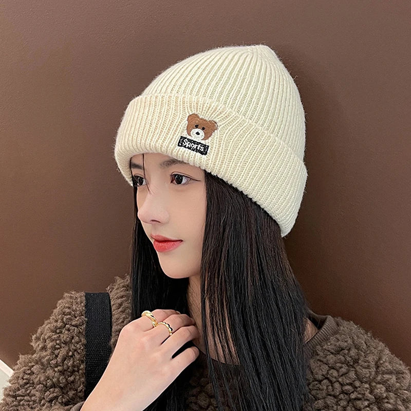 Bear Embroidery Knitted Beanies  Women Autumn Winter Warm Wool Hat Korean Girl Windproof Earmuffs Pullover Cap Bonnet〔CC55〕