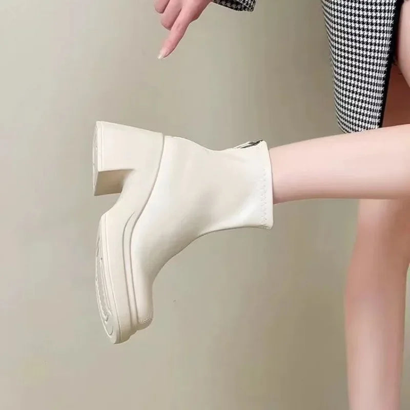 Booties Work Very High Heels Leather Female Short Shoes Combat Heeled Women's Ankle Boots Punk Style Boot Y2k Spring 2025 Autumn