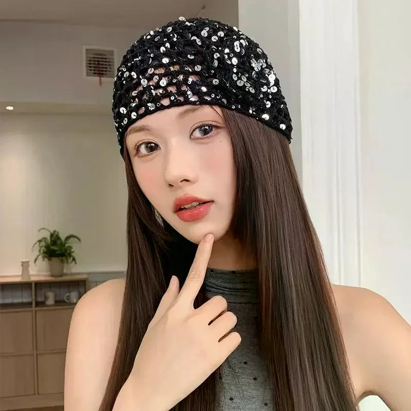 Vintage Chic Sequined Floral Cutout Beanie Ladies Spring Fall Leisure Travel Picturesque All-Around Casual Y2K Knit Beanies