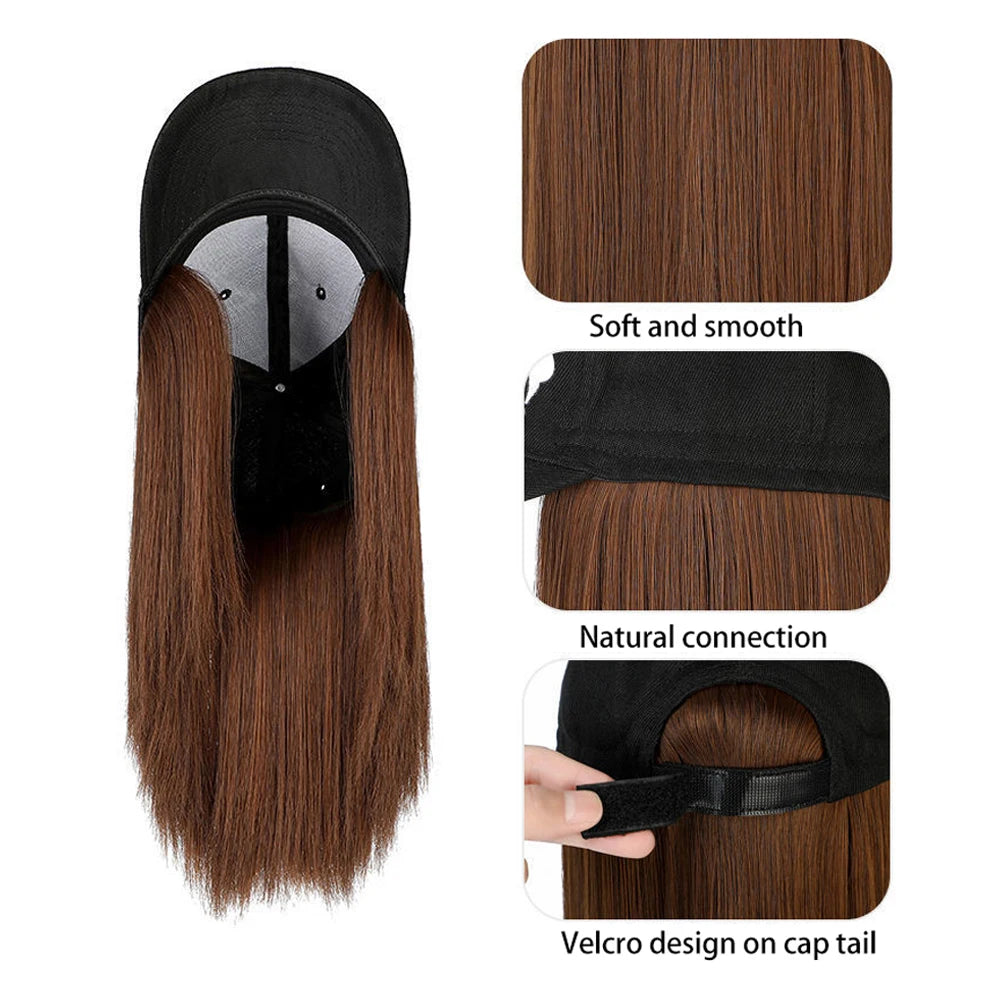 Beanies Hat With Hair Wigs For Women 24 inch Long Straight Hair Synthetic Wig Warm Soft Ski Knitted Autumn Winter Cap