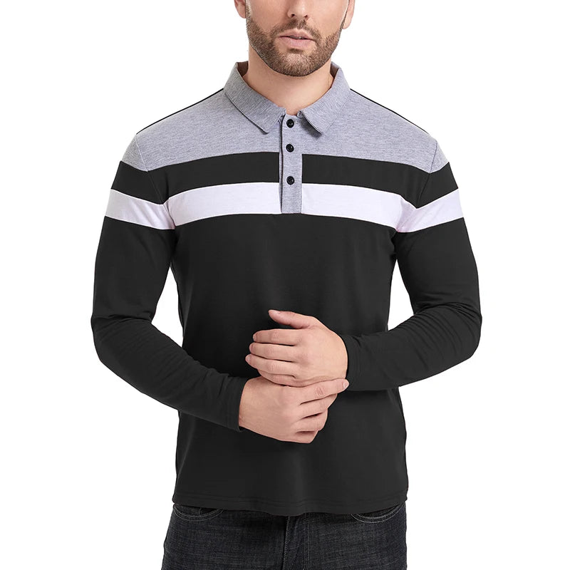 Men's Long Sleeve Shirt Casual Cotton Patchwork Collared Shirt Autumn Striped Pullover Streetwear Golf Button Polo Shirts