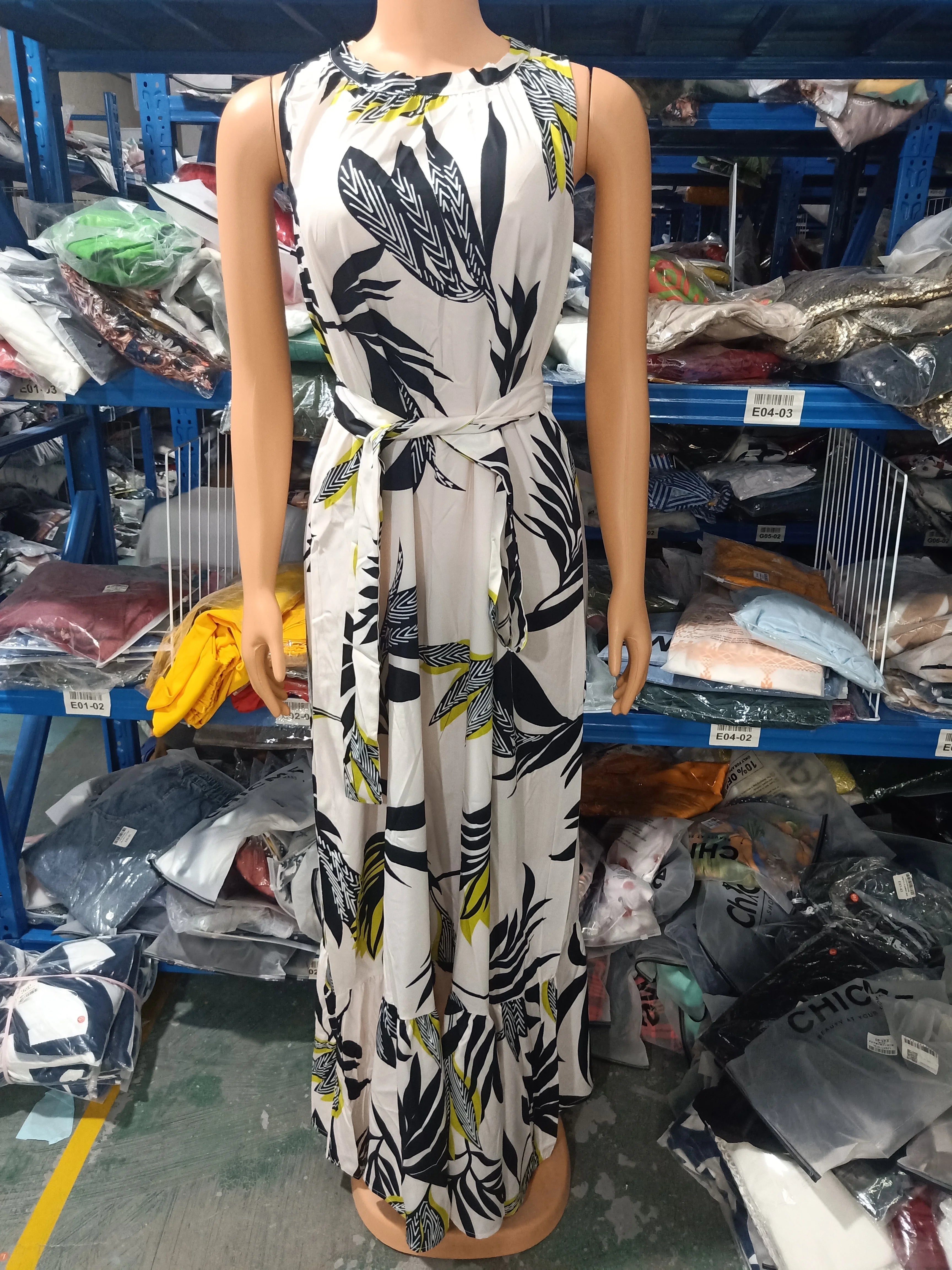Dresses for Women 2023 Spring Fashion Leaf Print Sleeveless Casual O-Neck Maxi Daily Vacation Dress with Belt
