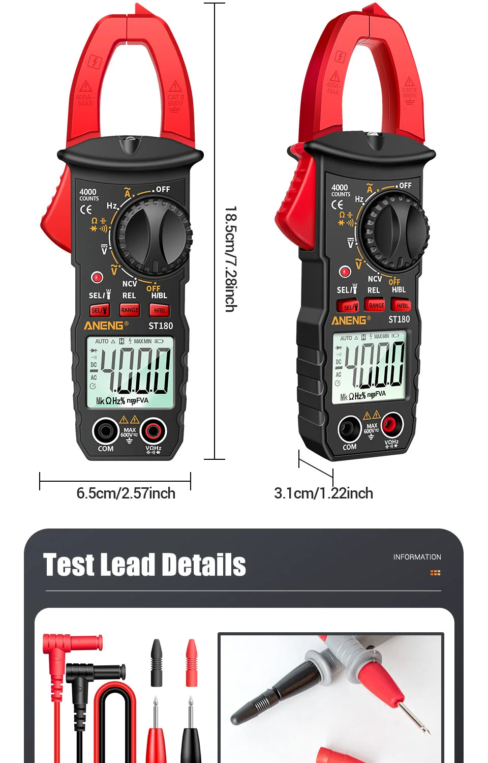 ANENG ST180 AC Current Clamp Meter  Digital 4000 Counts Multimeter Ammeter Voltage Tester Car Amp Hz Capacitance NCV Ohm Tool