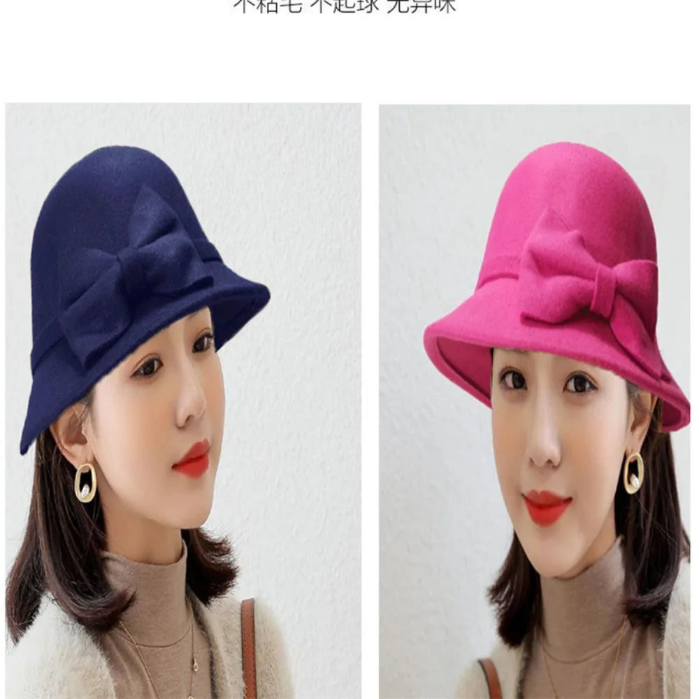 Cap Girl Brim Bowler Fedora Hats Wool Felt Bucket Cap Church Bowler Cloche Hats Women Vintage Retro Hat Autumn Winter Warm Hat