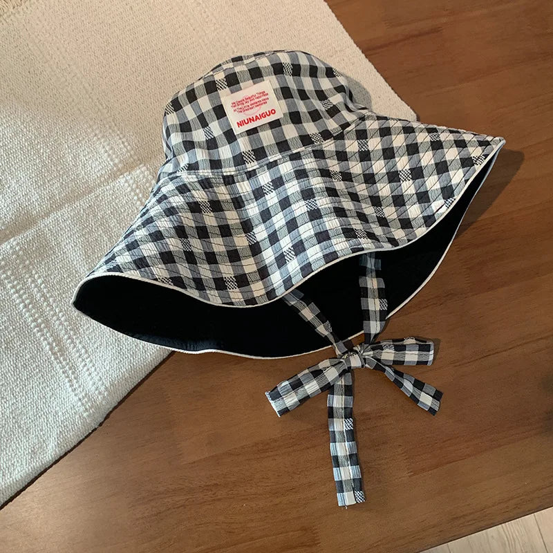 Women's Cute Hat Korean kawaii Checkered Fisherman's Hat Summer Sun Protection Shading Hat Big Head Double Basin Hat Funny Hat