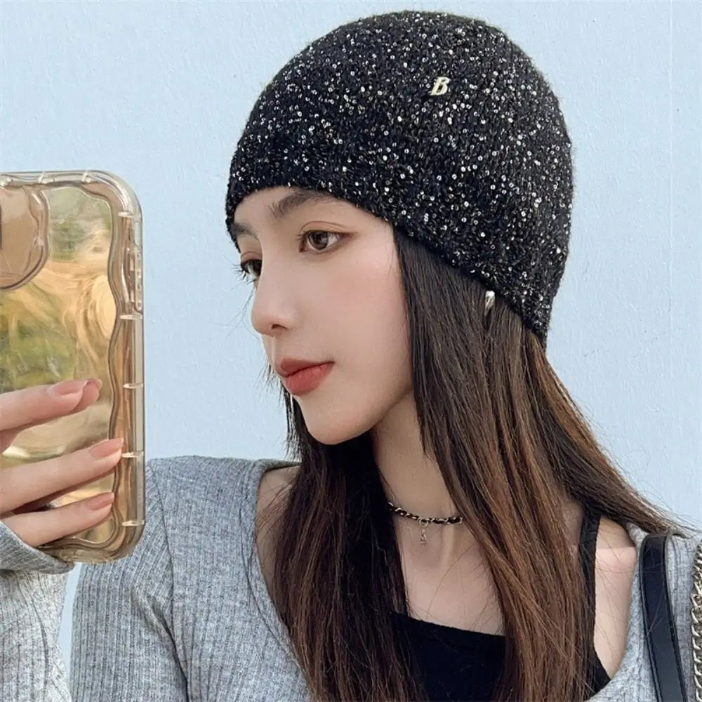 Cute Bow Bowknot Beanies Hat Warm Cap Black Sequin Knitted Hat Beanies Jennie Style Knit Cap Autumn