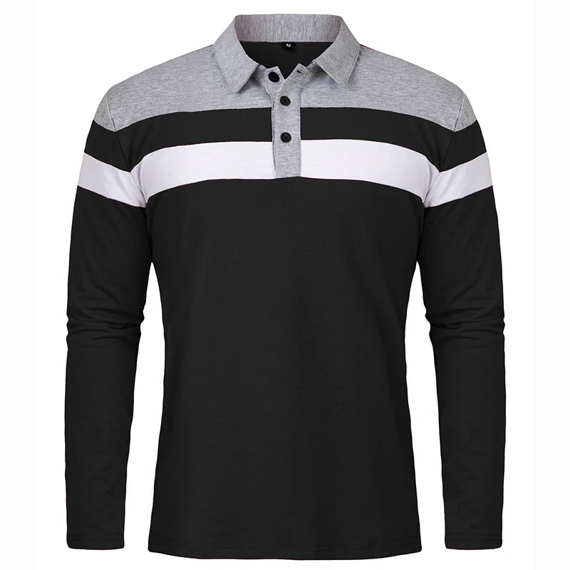 Men's Long Sleeve Shirt Casual Cotton Patchwork Collared Shirt Autumn Striped Pullover Streetwear Golf Button Polo Shirts