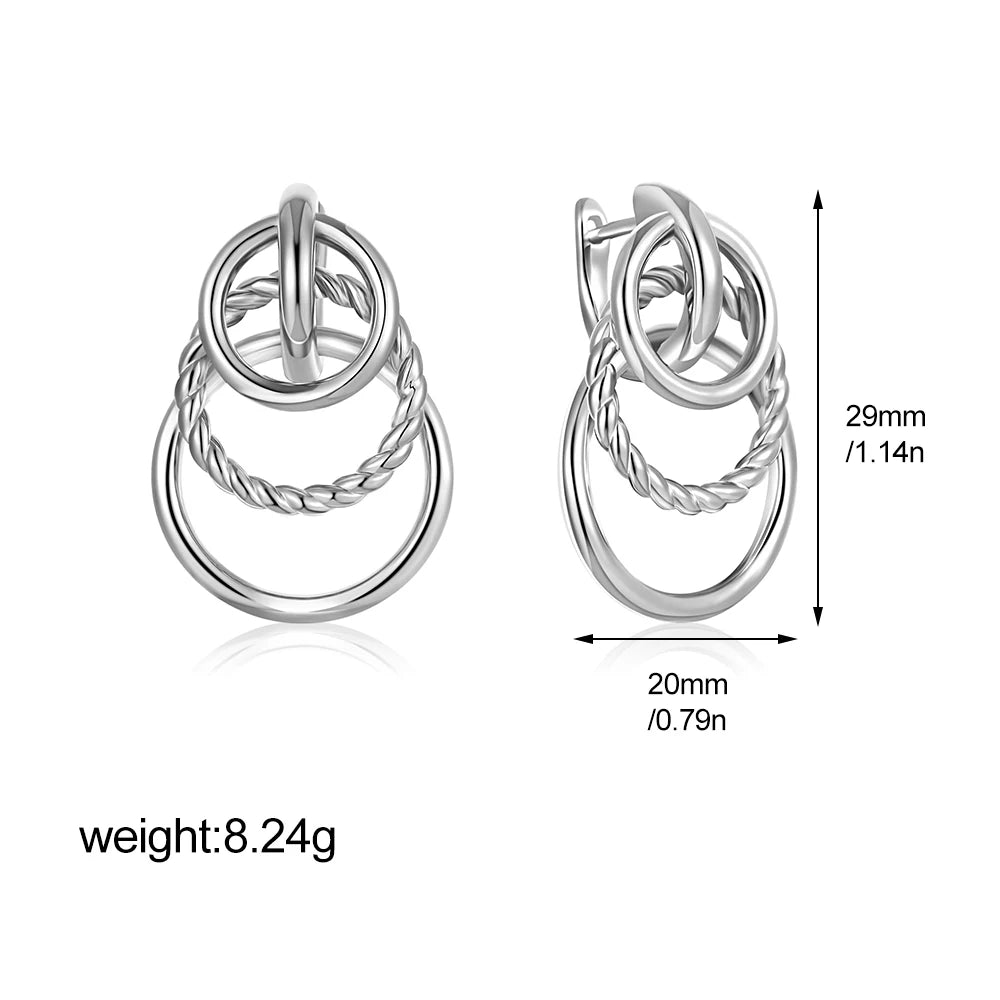 Fashionable Exaggerated Twisted Striped Earrings for Women 18K Metal Three Circular Stainless Steel Charming Jewelry Gift