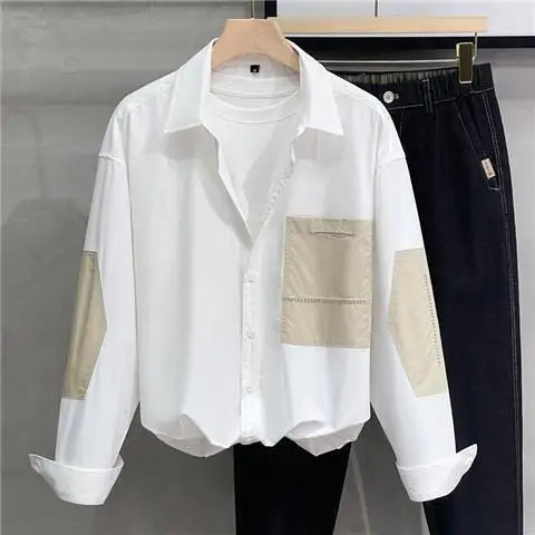 Men's Long Sleeve Shirt Business Casual Loose Patchwork Color Block Unique Design Spring Autumn Tops
