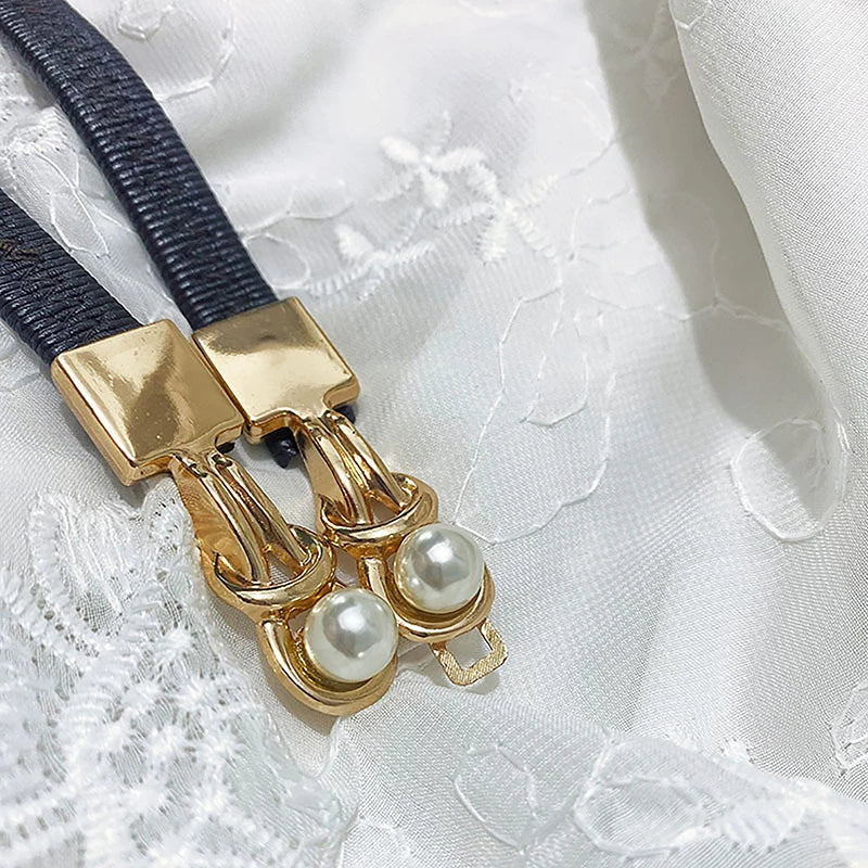 Elegant Double Pearls Buckle Elastic Women Belts Black Thin Straps Lady Girl Dress Skirt Decor Waistbands