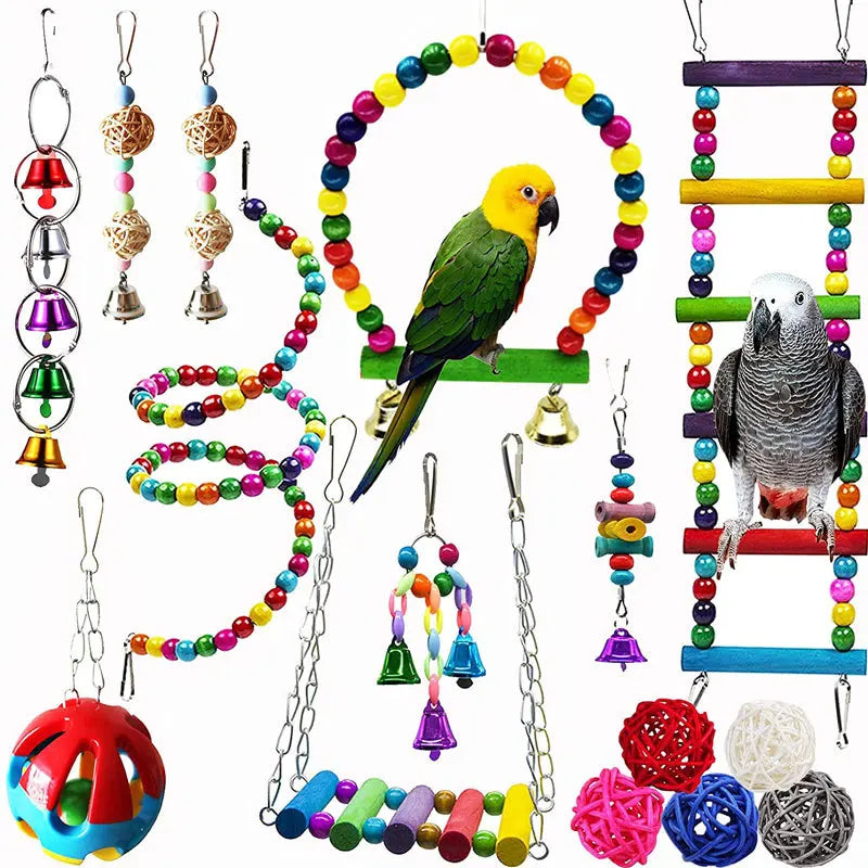 Bird Toy Wood Parrot Toys Set Cage Bird Accessories Swing Suspension Bridge Ball Cage Bells Pet Supplies juguetes para pájaros