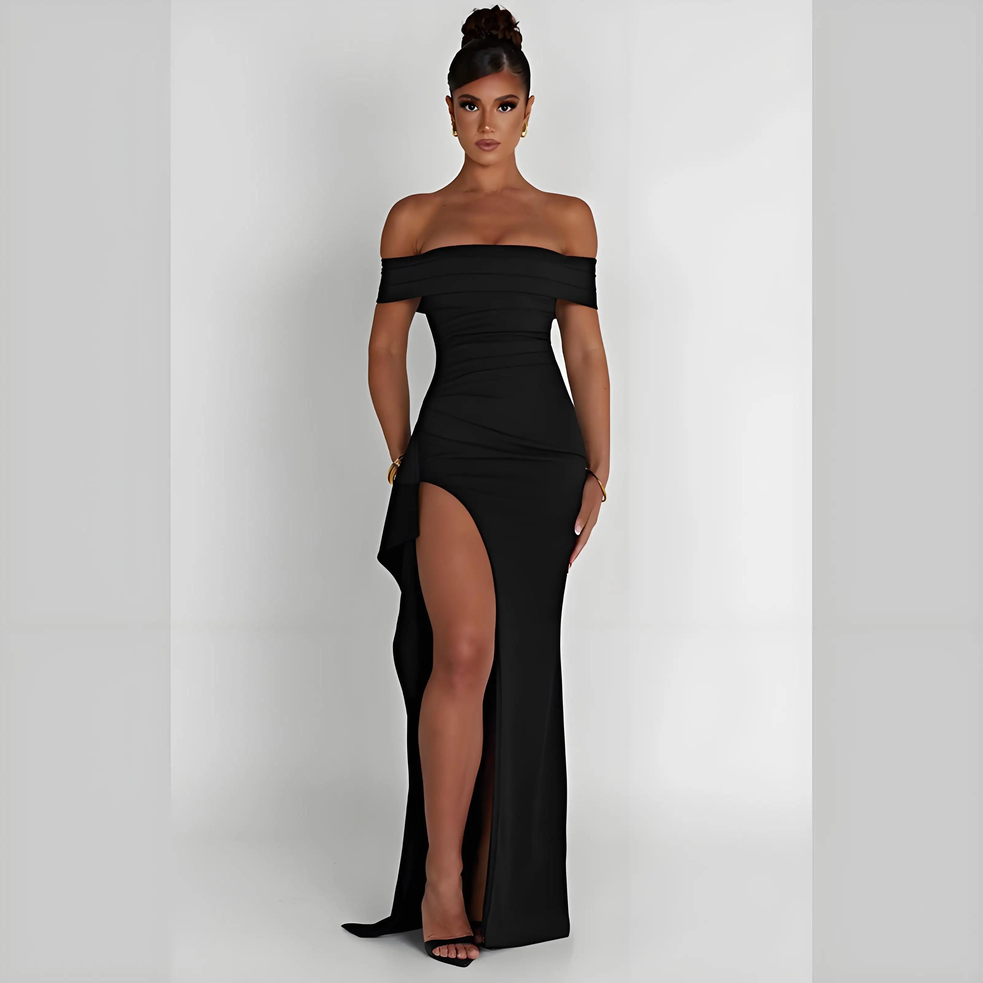 Elegant Evening Dress, Solid Color, Off-Shoulder, Women's Sexy High-Waisted Side-Slit Long Dress, Formal Maxi Ladies' Party Evening Dress