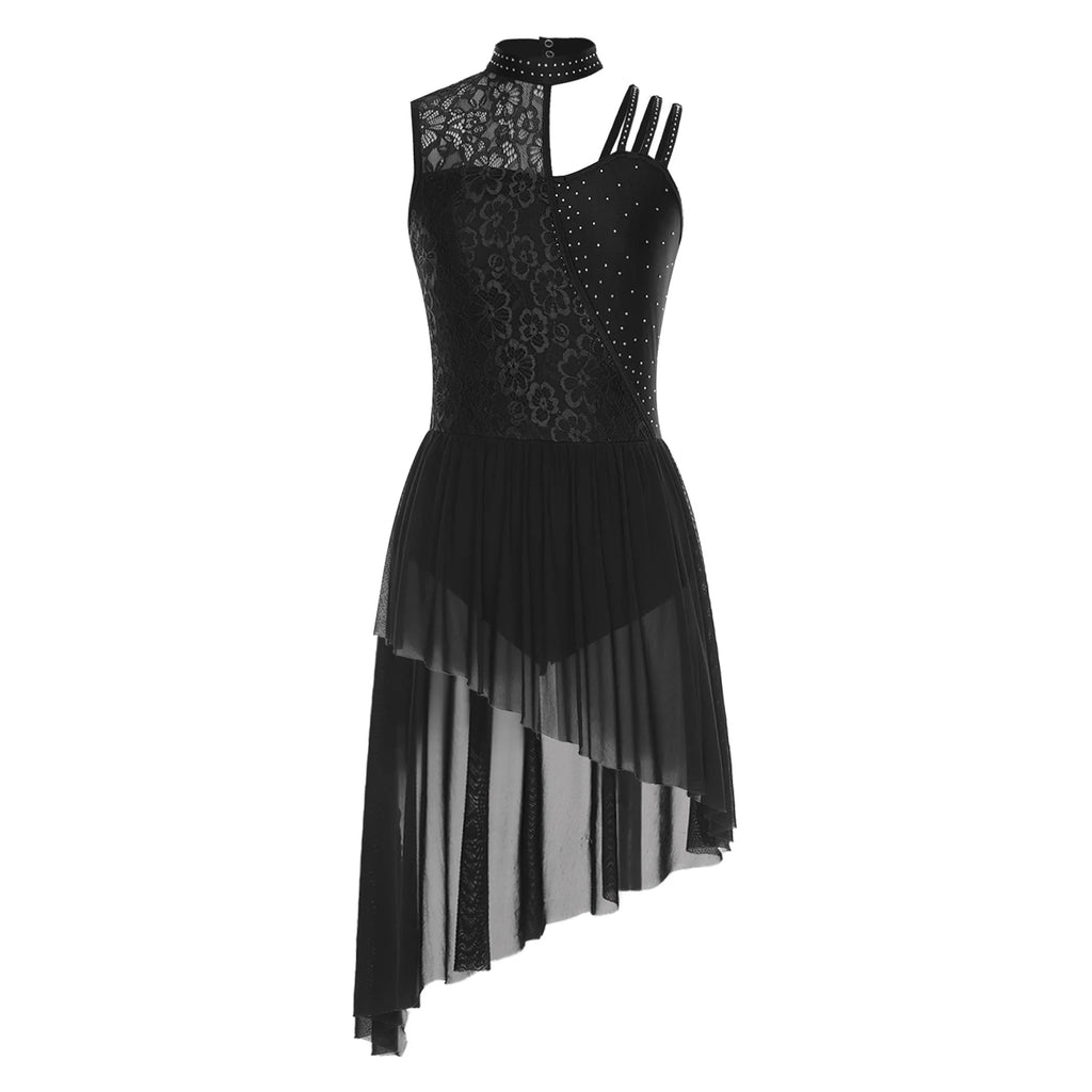 Women Modern Lyrical Dance Performance Costume Floral Lace Rhinestones Leotard Dress for Waltz Latin Cha-cha Ballet Skating