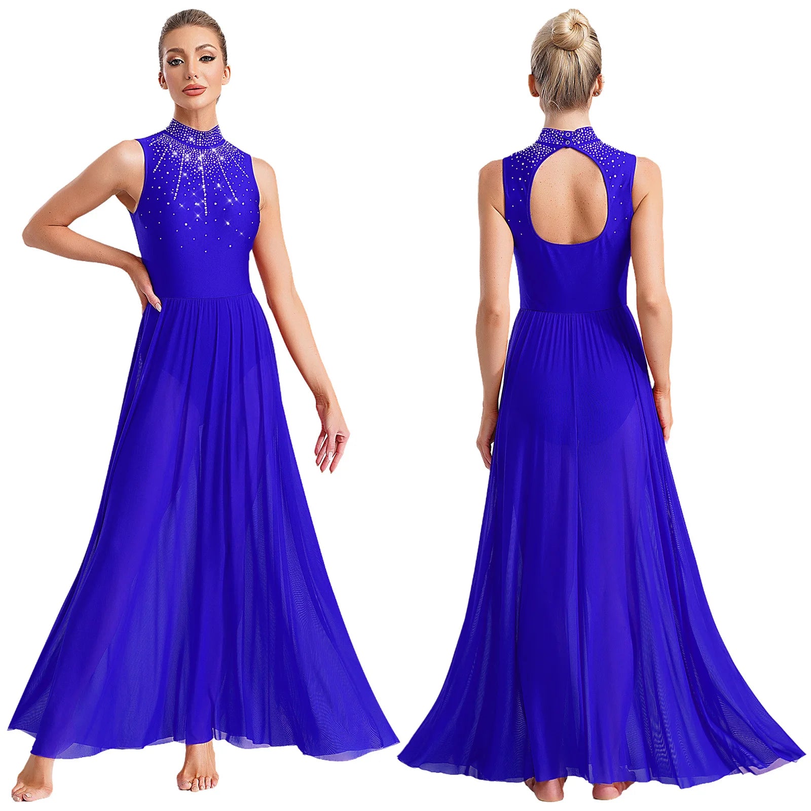 Womens Lyrical Dance Dresses Mock Neck Wide Hemline Shiny Rhinestones Maxi Dress Sleeveless Modern Contemporary Leotard Dresses
