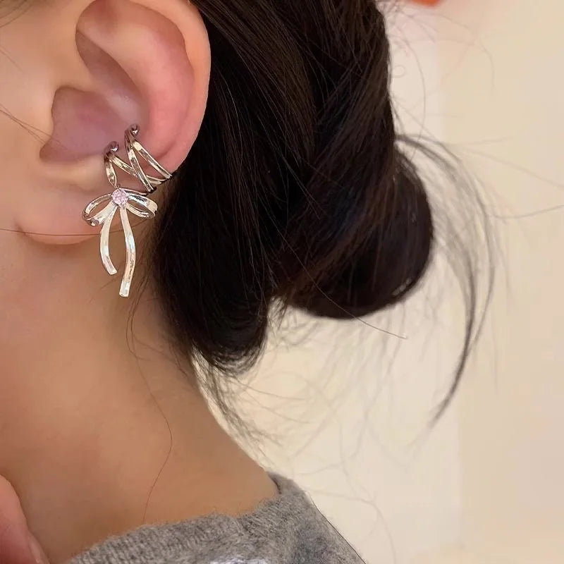 New Elegant Aesthetics Bow Knot Clip Earrings Women Non-Piercing Ear Clips Ballet Ribbon Style Ear Cuff Fashion Earrings Jewelry