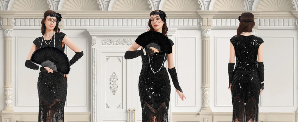 1920s Dresses for Women Flapper Dress Lace Fan Feather Headband Sequins Beads Fringes 20s Accessories Vintage Mafia Costume