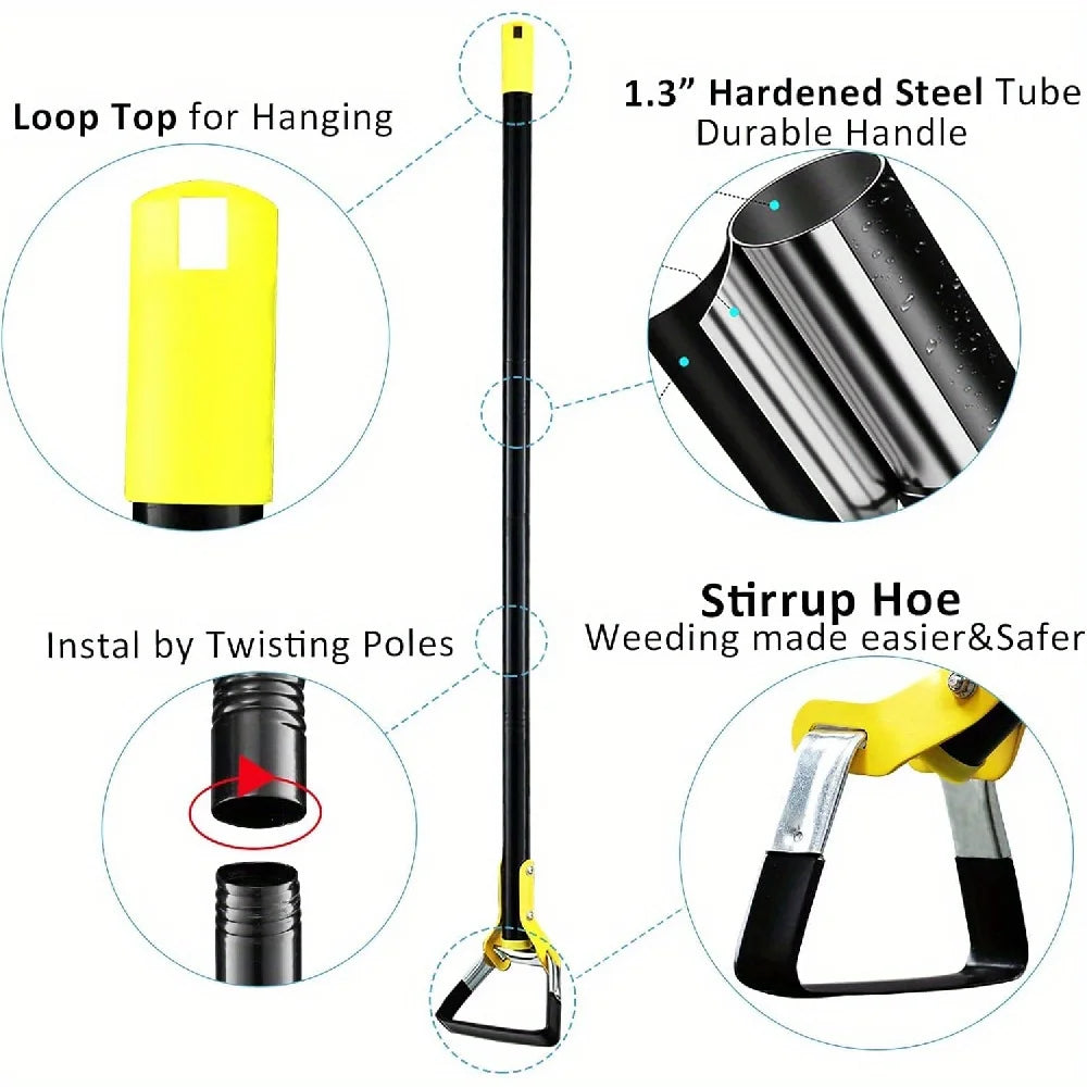 Garden Hoe Tool, Scuffle Hoe for Weeding, Long Handle Hula Hoe, Stainless Steel Loop Stirrup Hoe