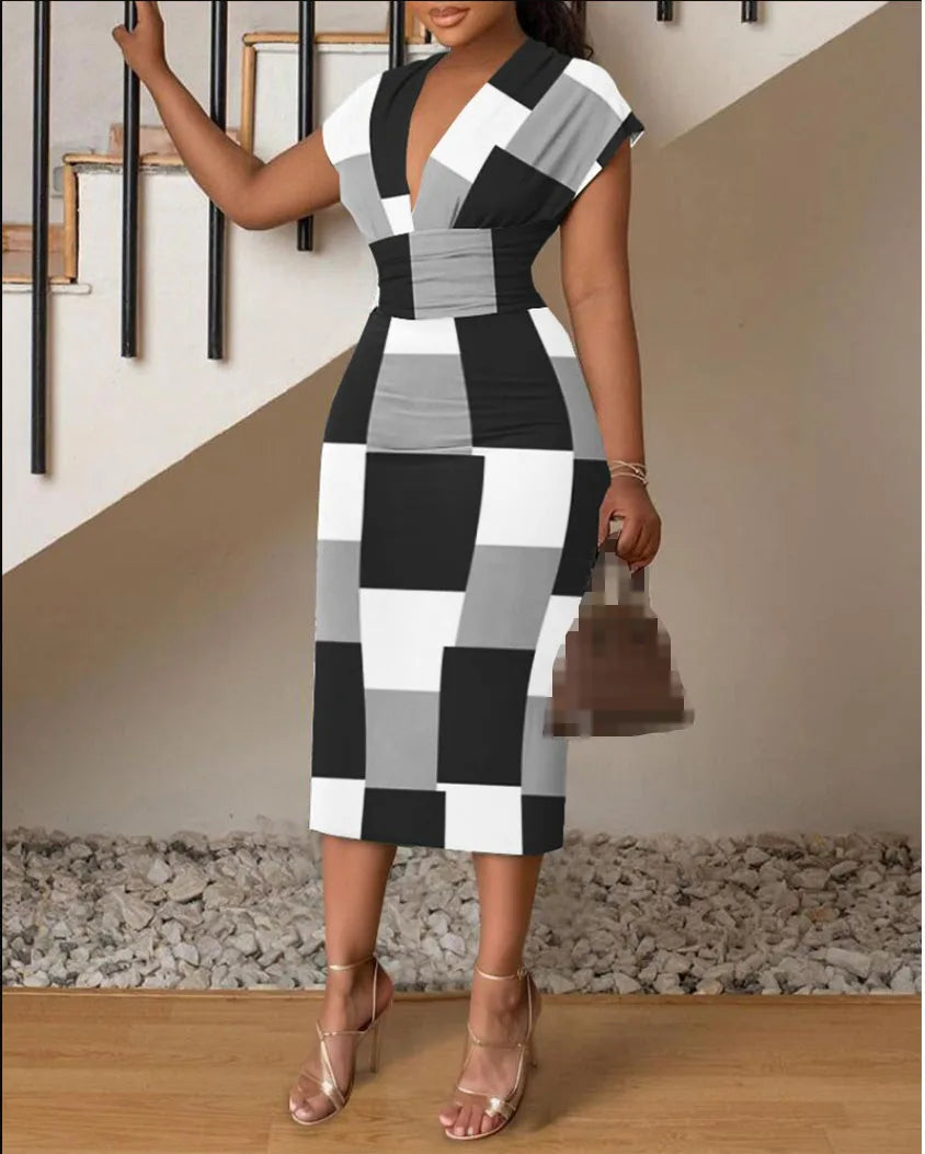 Dresses For Women Summer New V-neck Slim Hip-hugging Sexy Printed Women's Dress Office Mid-length Dress