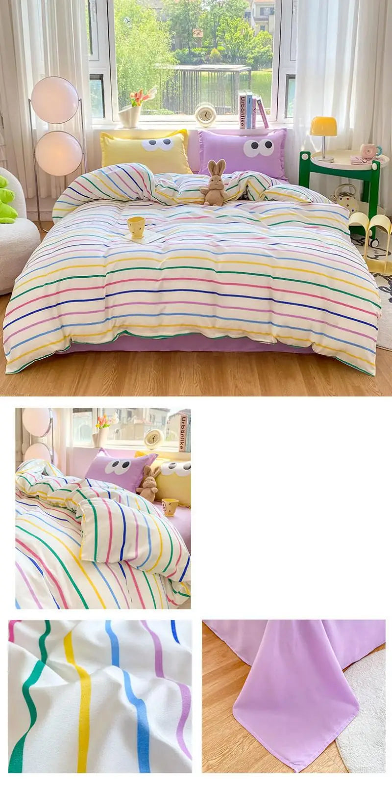 New Cartoon Striped Printed Bedding Sets Aloe Cotton Skin Friendly Breathable Comforter Cover Set Twin Double Size Bed Linens
