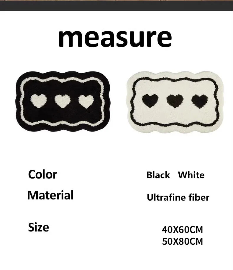 Bathroom Modern Rugs Non-Slip Black with White Mats Funny Heart Design Washable Bath Rugs Microfiber 욕실 소품 세트  גומי למקלחת רצפה