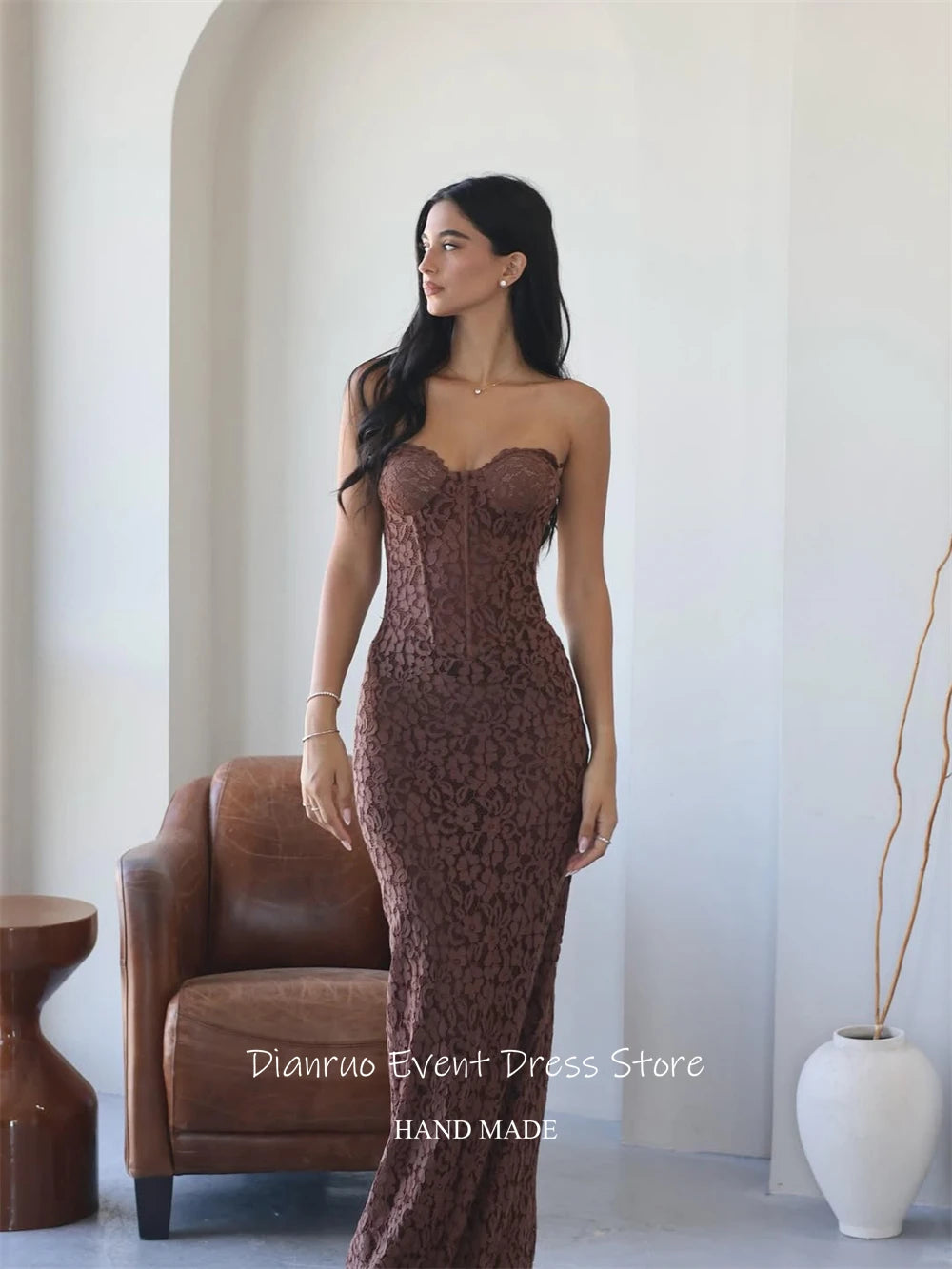 Dianruo Pink Lace Evening Dresses Sleeveless Mermaid Chic Vestido Festa Sweetheart Floor Length Vestidos Elegantes Customized