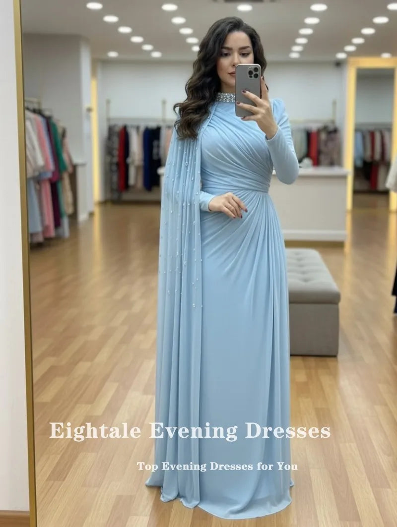 Eightale Arabic Evening Dresses for Wedding Party High Neck Customized Chiffon Pleats Beaded Long Sleeves Muslim Prom Gownsc