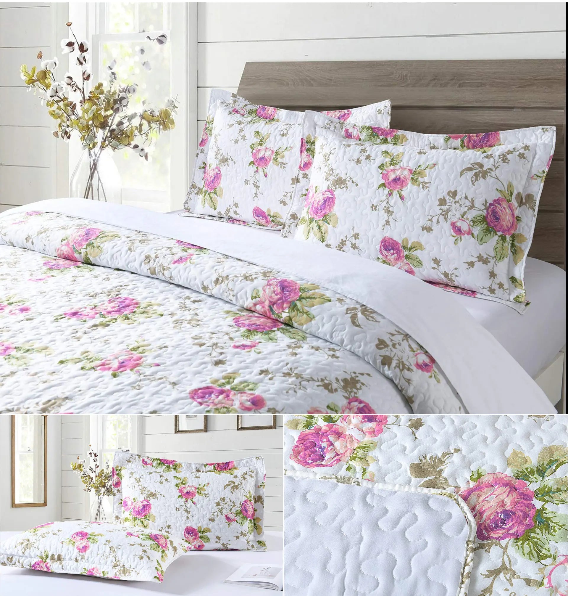 Texstead 3 Pieces Patchwork Gray All Season Bedspreads, Ultra Soft Floral Coverlet Bedding Set with Printed Pattern