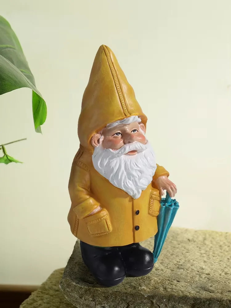 Garden Gnome Statue, Yellow Gnome with Umbrella, Outdoor Landscape Decoration, Garden, Courtyard, and Lawn Decor