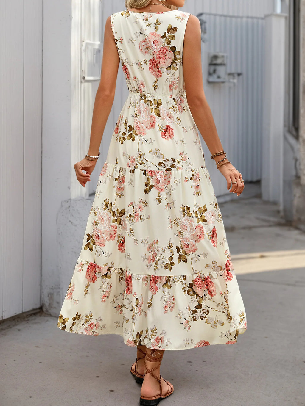 Elegant Floral Print Dress For Women Fashion  Bohemian Style Sleeveless Button Vestidos Female Casual V-neck A-line Dresses