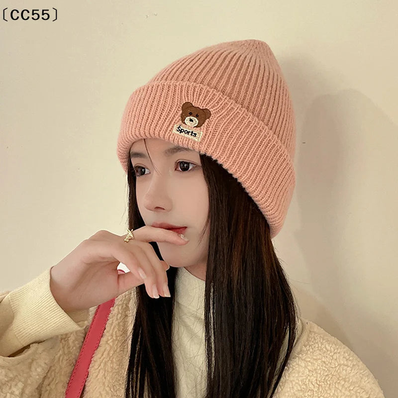 Bear Embroidery Knitted Beanies  Women Autumn Winter Warm Wool Hat Korean Girl Windproof Earmuffs Pullover Cap Bonnet〔CC55〕