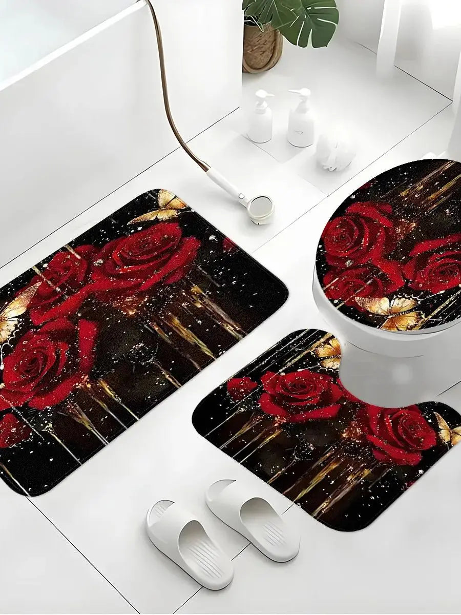 Bathroom Three-Piece Set: Non-Slip Toilet Seat Cover + Floor Mat + U-Shaped Mat, Red Rose Gold Glitter Pattern Bathroom Decoration Set