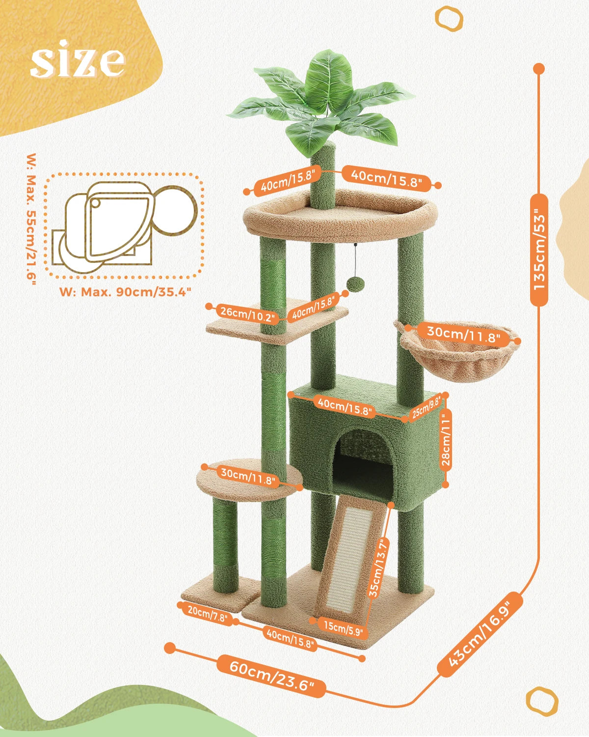 H135CM Cat Tree for Indoor with Sisal Scratching Posts Multi-Level Cat Tower with Spacious Condo Hammock Scraper for Kitten Toys