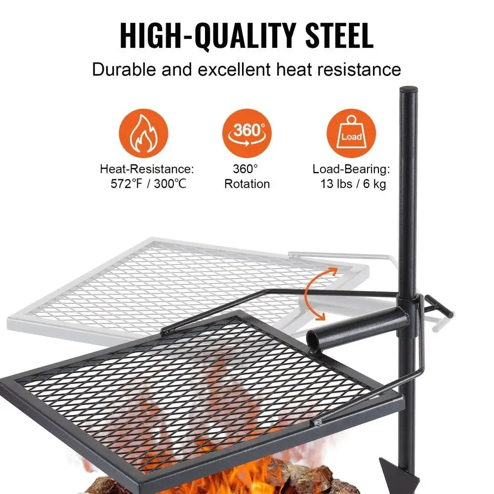 Swivel Campfire Grill Fire Pit Grill Grate Heavy Duty Steel Adjustable 360° Portable Outdoor BBQ Cooking Rack