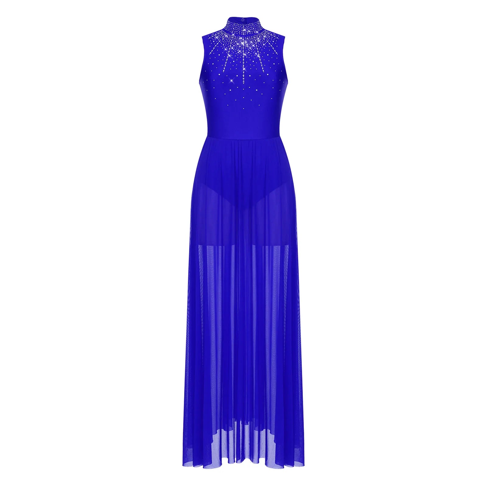 Womens Lyrical Dance Dresses Mock Neck Wide Hemline Shiny Rhinestones Maxi Dress Sleeveless Modern Contemporary Leotard Dresses