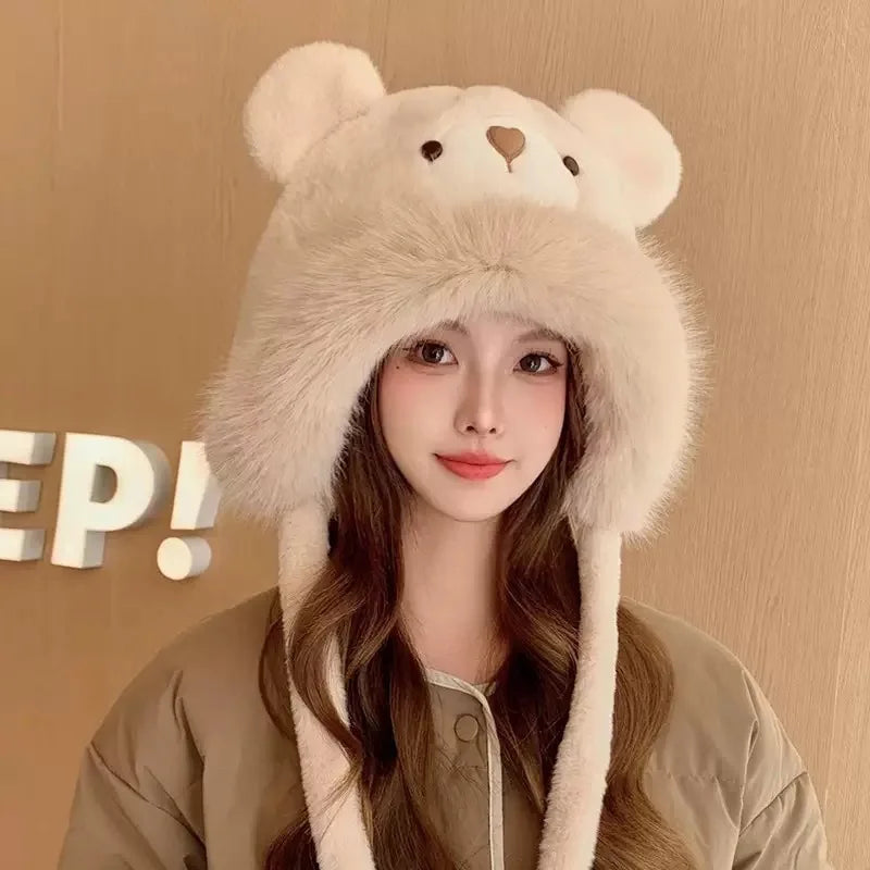 Cute Beanies Bear Ear Hat,Adorable Warm Plush Ear Protector Cap,Polyester Casual Elegant Knitted Head Caps for Autumn and Winter