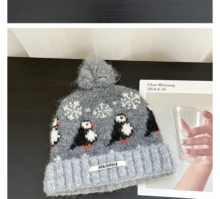 Cute Cartoon Jacquard Knitted Beanies for Women Winter Warm Ear Protection Versatile Show Face Small Retro Pom-pom Pullover Hat
