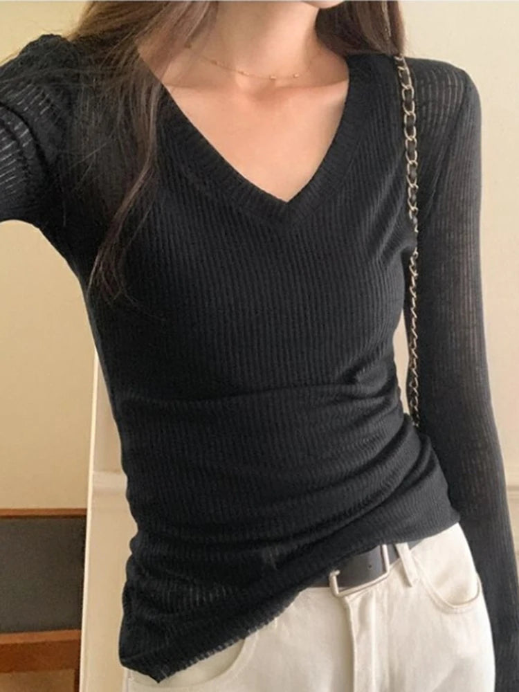 Women Long Sleeve T Shirt Thin Perspective Summer Solid Slim Casual Shirts Female Pullovers Basic Tee Y2k Clothes Streetwear Top