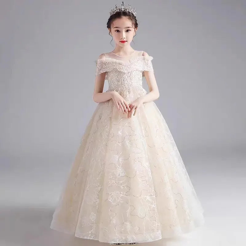 Long Dress 2025 Flower Girl Wedding Dresses Vestido Princess Gown Costume Kids Host Piano Outfits Children Girls Birthday Party