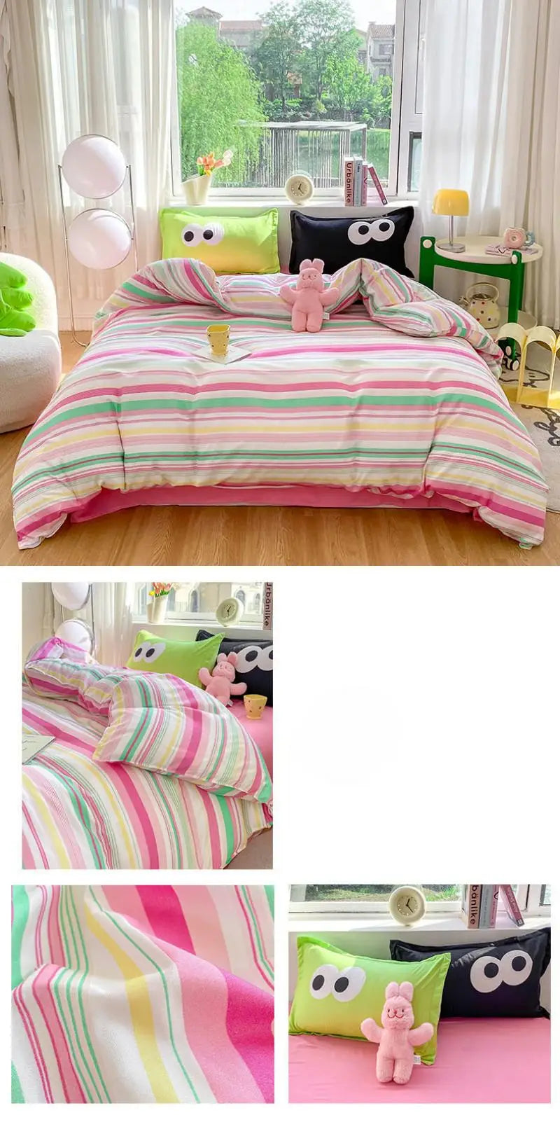 New Cartoon Striped Printed Bedding Sets Aloe Cotton Skin Friendly Breathable Comforter Cover Set Twin Double Size Bed Linens