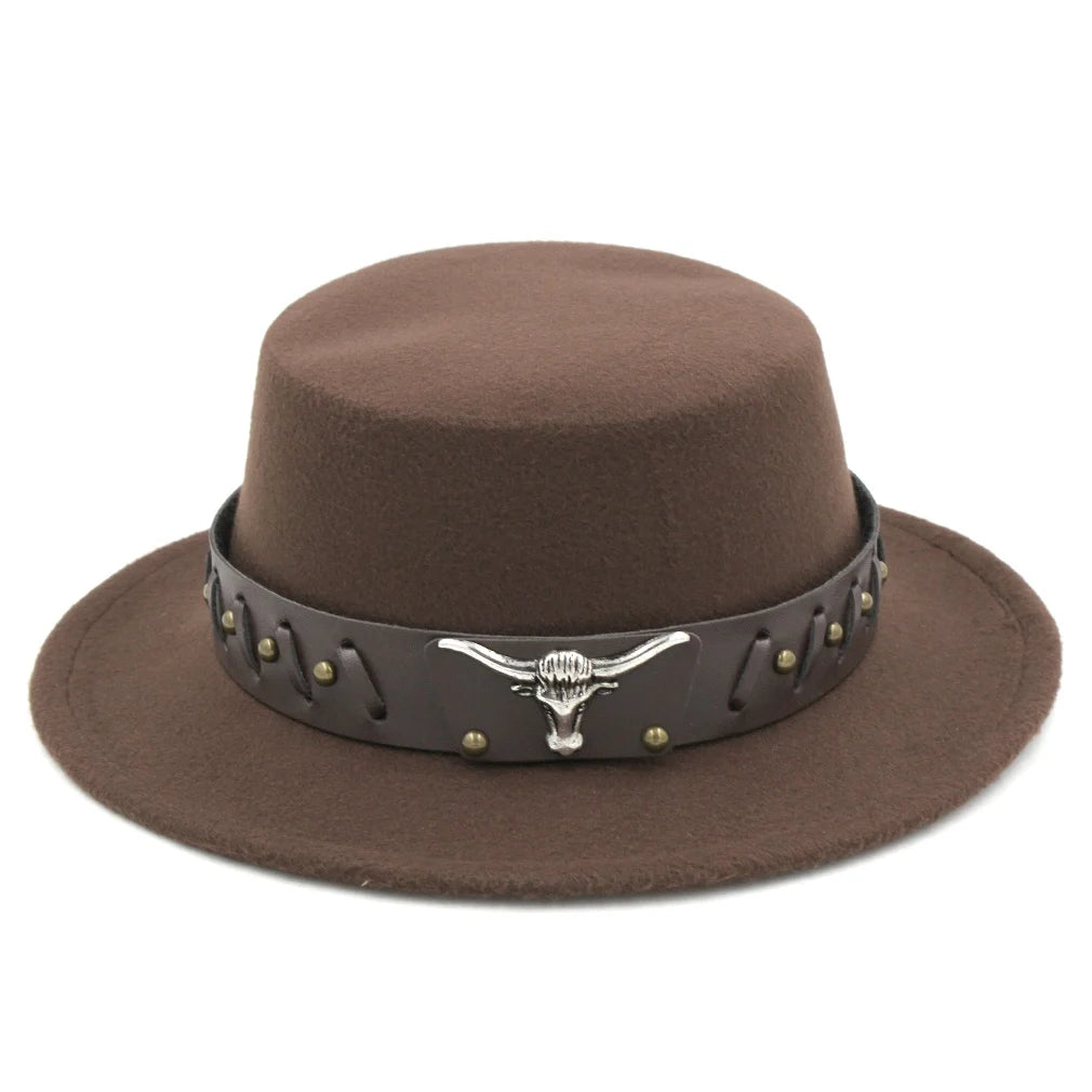 Women's Men's Flat Top Hat Boater Cap Bowler Sailor Wide Brim Fedora Hats with Western Tauren Leather Belt