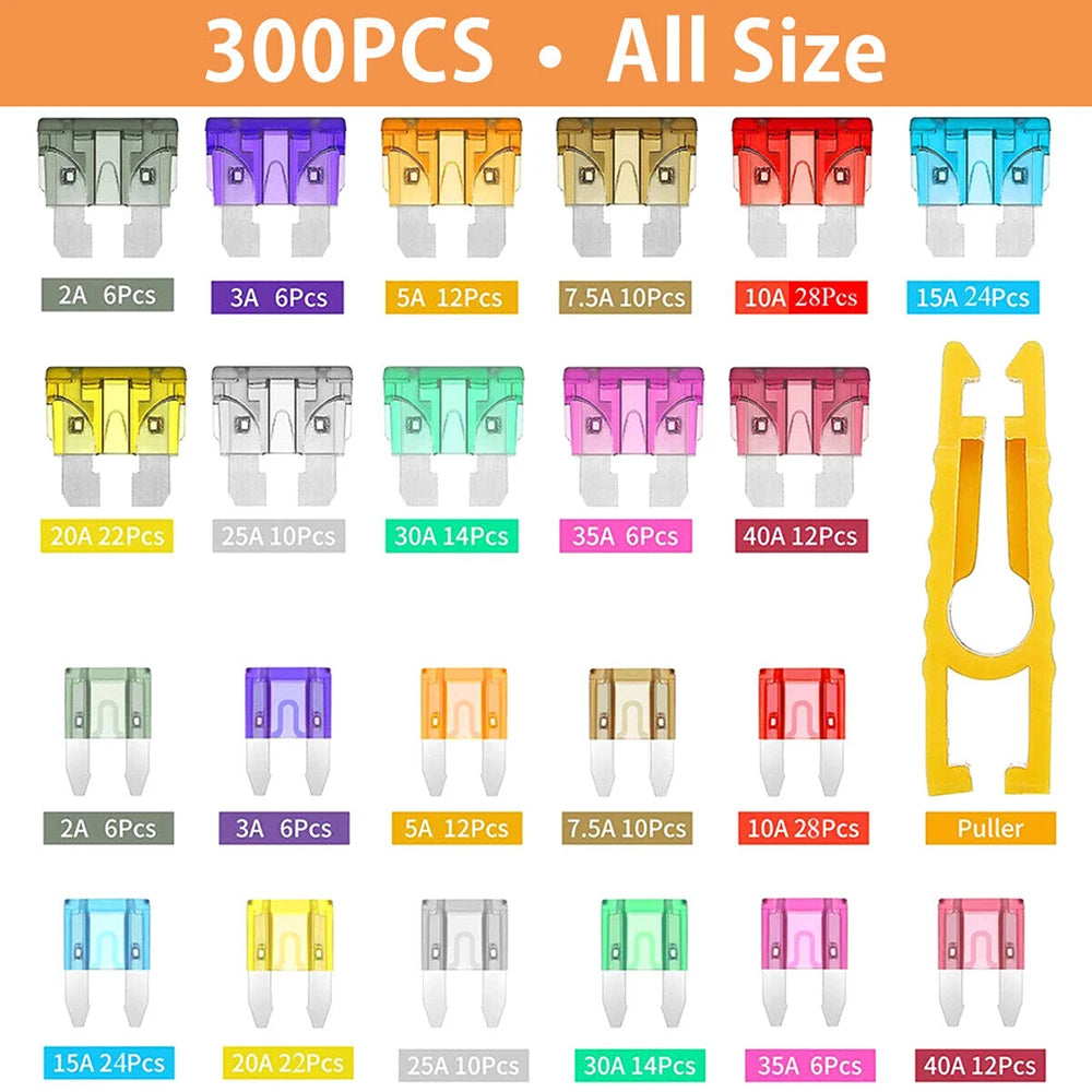 300pcs automotive fuse combination kit, blade type automotive fuse standard and mini size automotive/RV/motorcycle/marine fuses