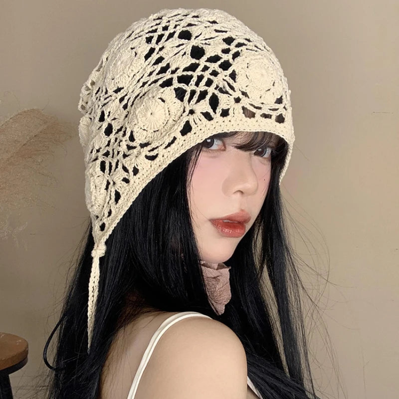 Handmade Hollowed Flower Fringed Knitted Hats for Women Spring and Summer Travel Photo Versatile Casual Retro Beanies Cap