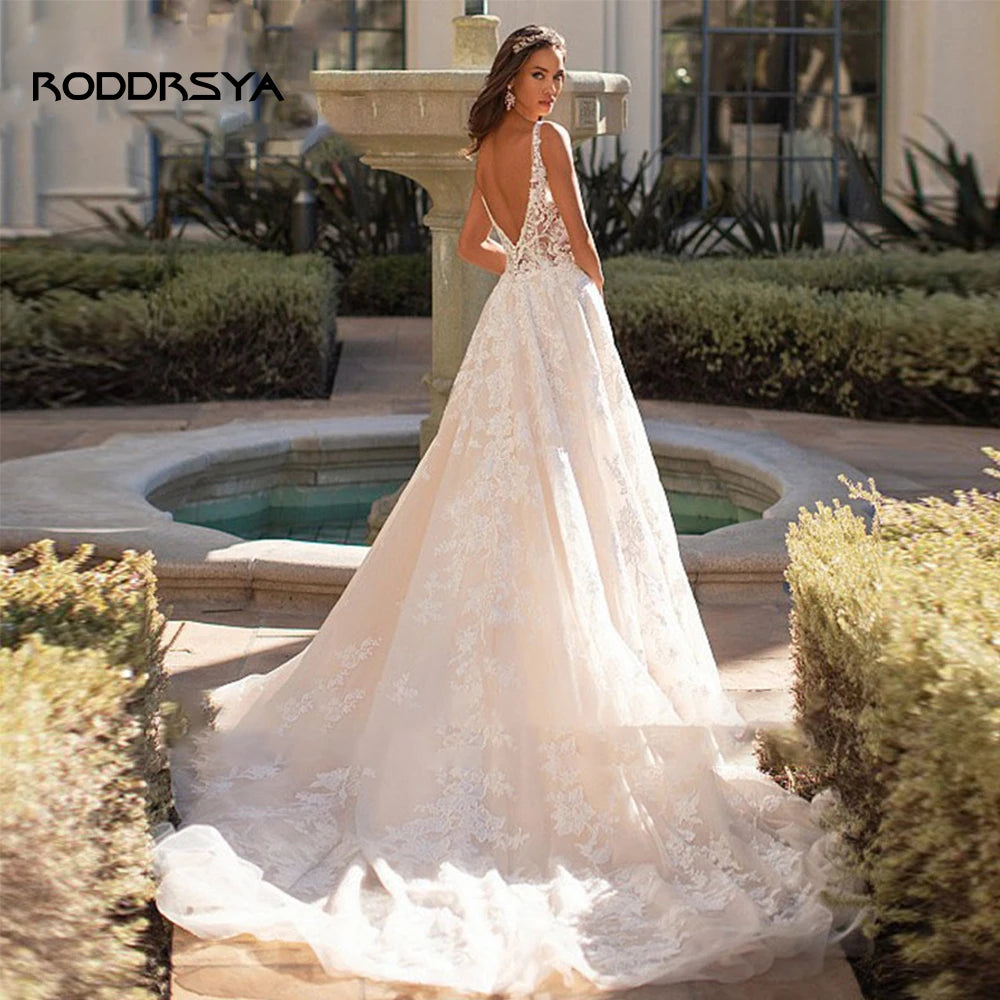 RODDRSYA Boho Wedding Dresses For Women Sexy V-Neck Sleeveless Bridal Gowns Elegant Romantic Lace Backless Vestido Novia Civil