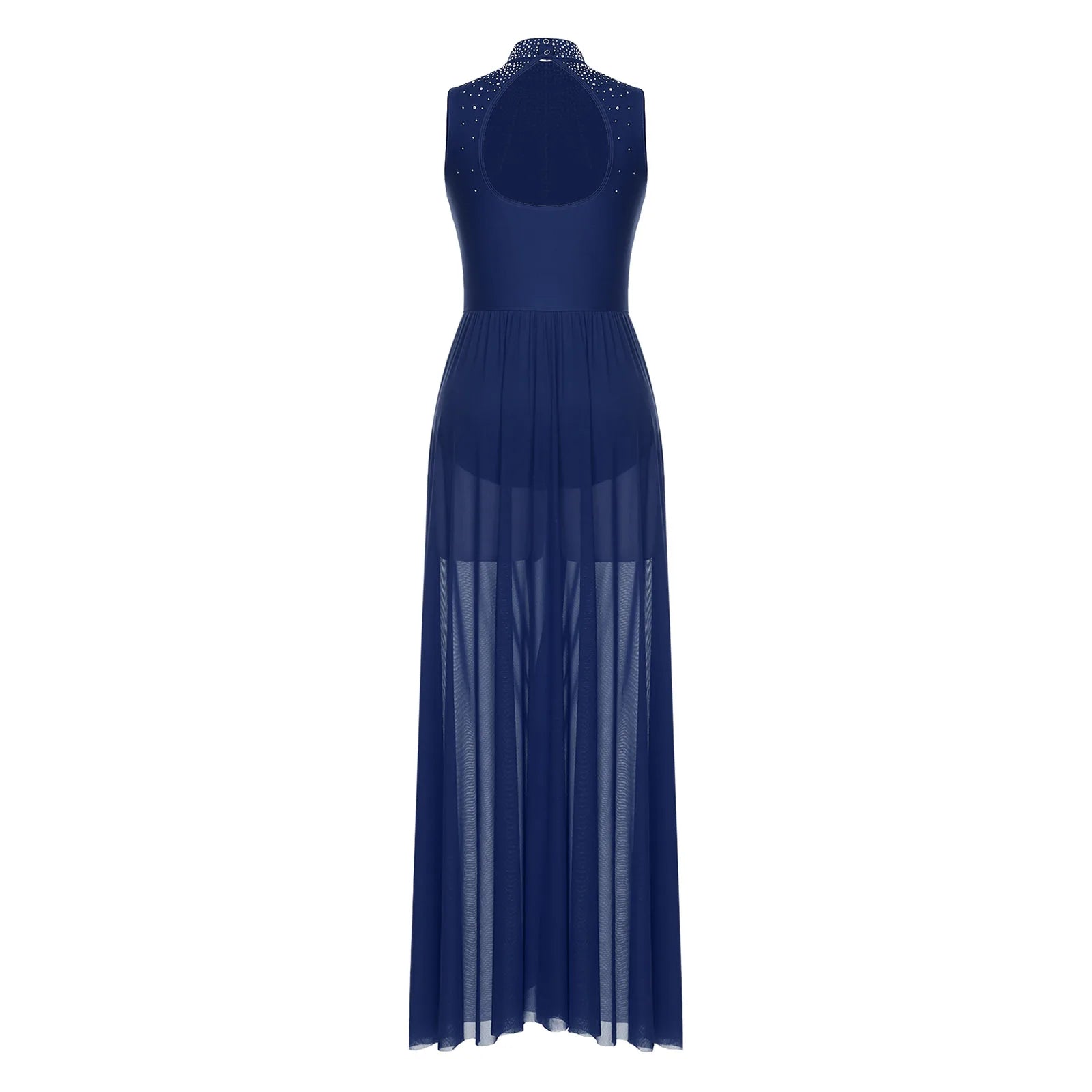 Womens Lyrical Dance Dresses Mock Neck Wide Hemline Shiny Rhinestones Maxi Dress Sleeveless Modern Contemporary Leotard Dresses
