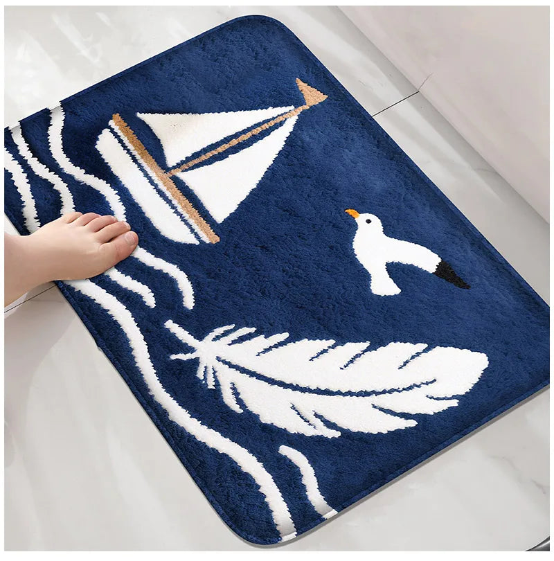 Blue sailboat shower room, small carpet, toilet, absorbent floor mat, home decoration mat, bathroom door mat, machine washable