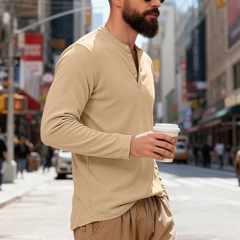 2025 NEW Men's Long Sleeve Henley Shirts Spring Autumn Daily Casual Solid Color Pullover Tops Mens Fashion T Shirt