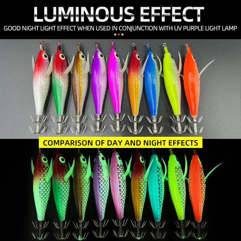 9pcs/page Glow Squid Jig Hook Saltwater Fishing Bait Artificial Egg Wood Shrimp Lures Sea Fishing Octopus Cuttlefish Squid Lure
