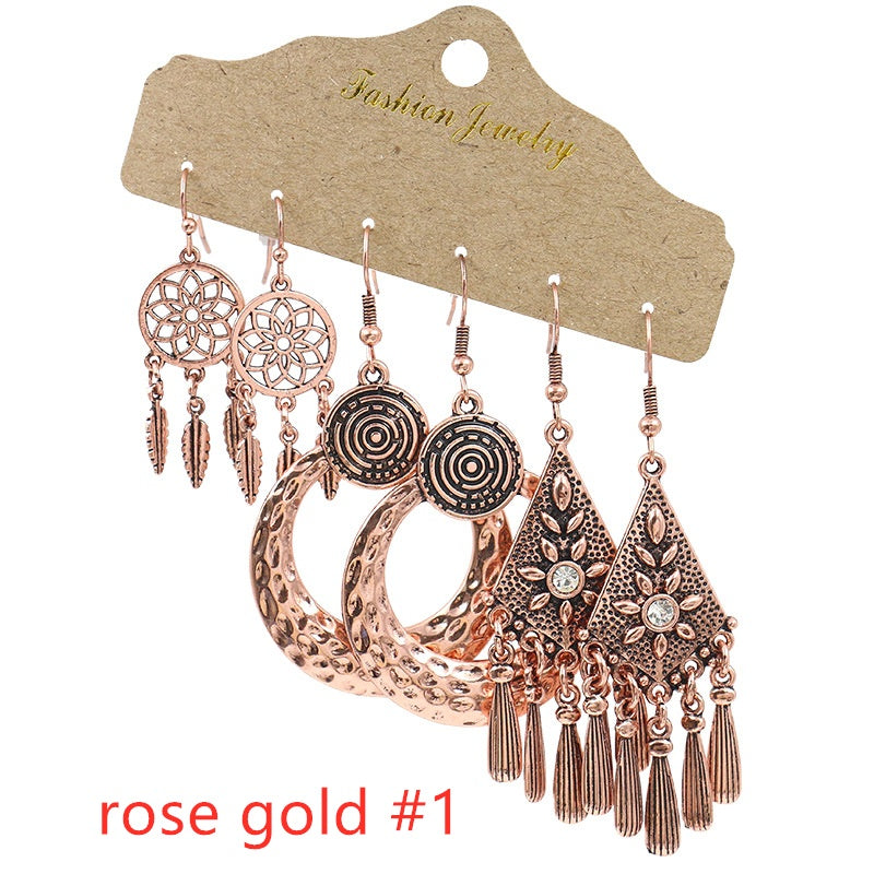 3Pairs Women's Fashion Jewelry Vintage Bohemian Ethnic Carved Dangle Earrings for Women Wedding Engagement Party Banquet Earring